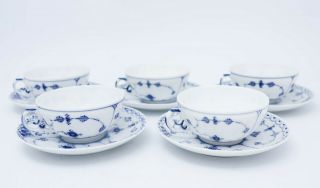 5 Teacups & Saucers - Blue Fluted Royal Copenhagen - Half Lace 1st Quality