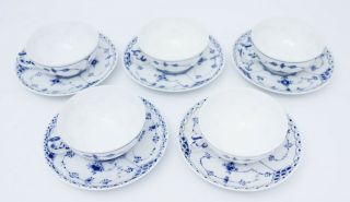 5 Teacups & Saucers - Blue Fluted Royal Copenhagen - Half Lace 1st Quality 2