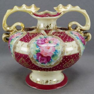Nippon Hand Painted Pink Rose Blue Forget Me Nots Maroon & Gold Beaded Vase