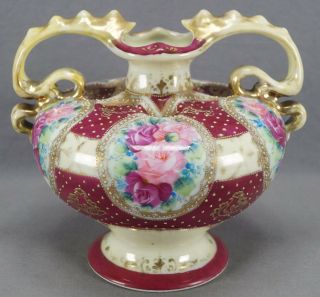 Nippon Hand Painted Pink Rose Blue Forget Me Nots Maroon & Gold Beaded Vase 2