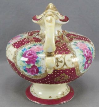 Nippon Hand Painted Pink Rose Blue Forget Me Nots Maroon & Gold Beaded Vase 3