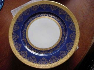 8 Rare Bohemia Cobalt Blue Gold Band Filigree Dinner Plates Czechoslovakia