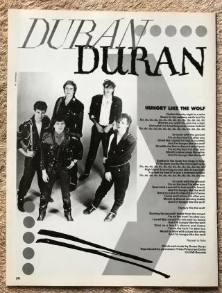 Duran Duran - Hungry Like The Wolf 1982 Full Page Lyric Poster