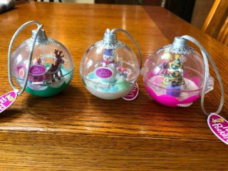 3 2002 Polly Pocket Globe Ornaments Snowman - Tree - Sleigh Includes 3 Dolls