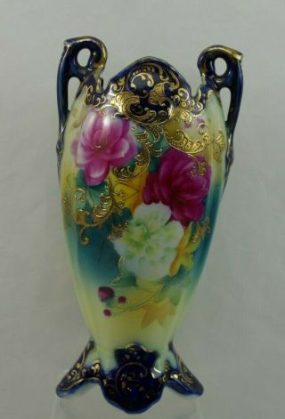 Unmarked Nippon Raised Gold Moriage Hand Painted Vase Roses Cobalt 9 "