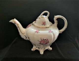 Royal Stafford Tudor Rose Bone China Toed Foot Teapot With Lid Pink Gilt England