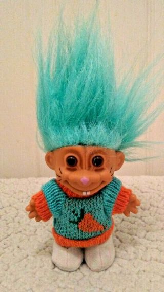 Russ Troll Doll 6 " Teal Hair Bunny Doll Whiskers Wearing Sweater With Carrot