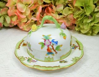 Herend Hungary Porcelain Covered Butter Dish Queen Victoria Green
