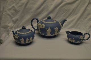 Stunning Wedgwood Blue Jasper Tea Set Teapot Creamer & Sugar