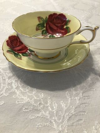 Paragon China Yellow Cup & Saucer Red Cabbage Rose Signed R Johnson Dbl Warrant
