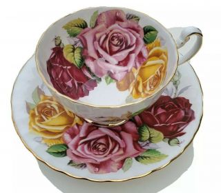 Aynsley Cup And Saucer Huge Triple Three Cabbage Roses England Pink Yellow
