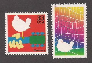 1969 Woodstock Music Festival 50th Anniversary - Set Of 2 U.  S.  Postage Stamps
