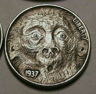 Hobo Nickel By John Hughey Freaky Face Real Hand - Carved Buffalo Coin