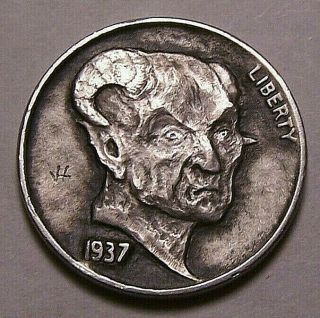 Hobo Nickel By John Hughey Grumpy Devil Real Hand - Carved Buffalo Coin