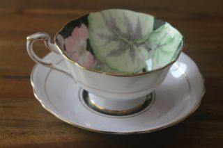 Paragon Geraniums Over Black Lavender Teacup Tea Cup Saucer Double Warrant