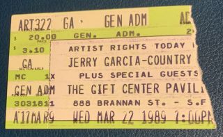 Jerry Garcia Band Grateful Dead Vintage Concert Ticket Stub March 22 1989 Sf