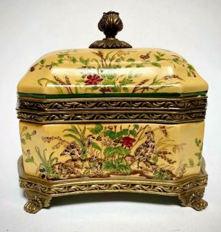 Large Floral / Bird Motif Porcelain Ormolu Brass Lidded Dresser/jewelry Box