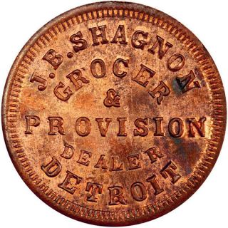 1863 Detroit Michigan Civil War Token J B Shagnon R9 Rare Merchant Pcgs Ms64 Rb