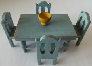 Strombecker Vintage 1930’s Dollhouse Blue Wood Dining Set Table,  4 Chairs & Bowl