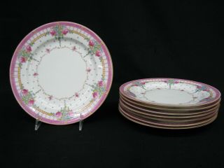 8 Antique Royal Worcester Enameled 9 " Luncheon Plates; Pink Floral Pattern;