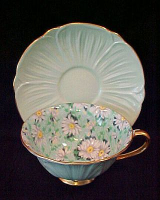 Shelley China Oleander Shape Green Daisy Chintz Cup & Saucer
