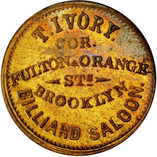 Brooklyn York Civil War Token Ivory Pool Billiard Saloon R8 Brass Pcgs Ms63