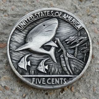 Hobo Nickel Dangerous Waters Hand Carved Engraved 1936 Buffalo Coin