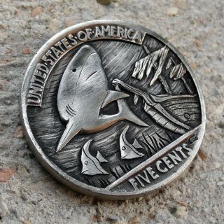 Hobo Nickel Dangerous Waters hand carved engraved 1936 buffalo coin 3