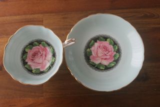 Paragon large Cabbage Pink Rose Black center Teacup Tea cup Saucer light blue 2