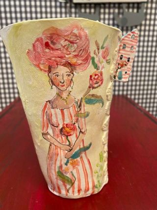 Julie Whitmore Pottery - 2020 Never Displayed - 6 1/2 Inch Tall Lady In Pink Beaker