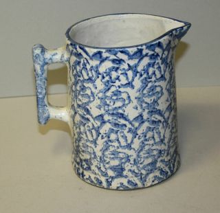 Antique Blue & White Spongeware Stoneware Pitcher