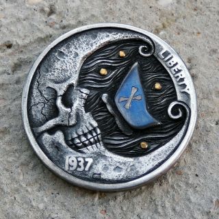 Hobo Nickel Nightmares Hand Carved 1937 Buffalo Coin With 24k Gold Blue Titanium