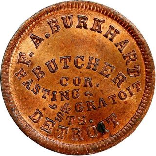 1863 Detroit Michigan Civil War Token Burkhart Butcher R7 Pcgs Ms64 Rb