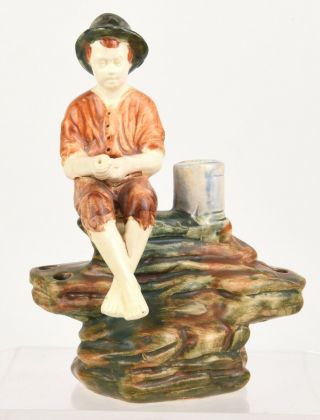 Weller Pottery Muskota Fishing Boy Sitting On Rock Flower Frog