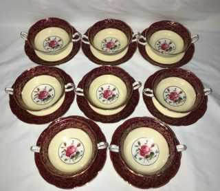 For Fatim_wakef 8 England Royal Swansea Rose Cream Soup Bowls & Liner Plates