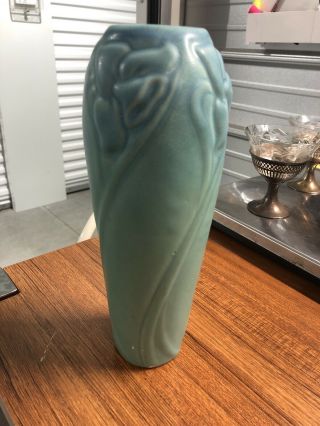 Van Briggle Pottery Vase With Daffodils Blue/green 9.  5 In.  Vase Signed