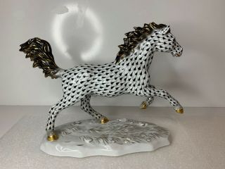 Herend Kingdom Classic Galloping Stallion Horse Figurine Black Fishnet 15481