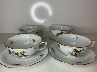 Herend Rothschild Bird Set Of 4 Footed Tea Cups And Saucers 734