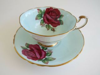 Wide Paragon Teacup & Saucer Blue With Large Red Cabbage Rose Signed Johnson