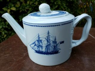Spode Trade Winds Blue Full Size Tea Pot W Lid Molded Handle Finial Bands Ships