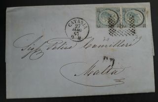 Very Rare 1867 Italy Folded Letter Ties 2 X 20c Stamps Canc Catania To Malta