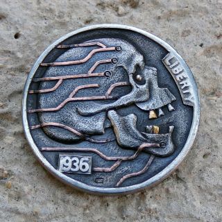 Hobo Nickel Wired Skull Hand Engraved 1936 Buffalo Coin Gold Copper Silver Inlay