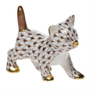 Herend,  Strutting Kitty / Cat Porcelain Figurine,  Chocolate Fishnet,  Flawless