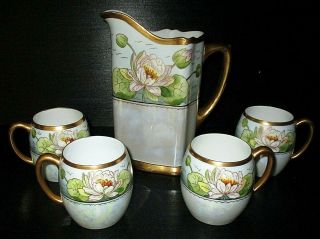 D & C Limoges Hand Painted Water Lilly Porcelain Cider Pitcher Set,  1894 Signed