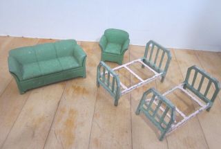 Vintage Tootsie Toy Metal Doll House Furniture - Living Room Sofa & Chair - 2 Beds