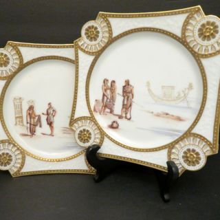 Very Rare Pair Haviland Limoges Aesthetic Egyptian Revival Painted Plates 1870s