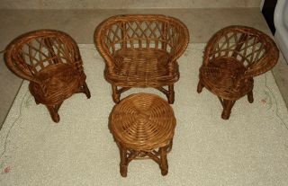 Barbie size - 4pc.  Set of vintage Wicker/Rattan Furniture w/pads & table scarf 2