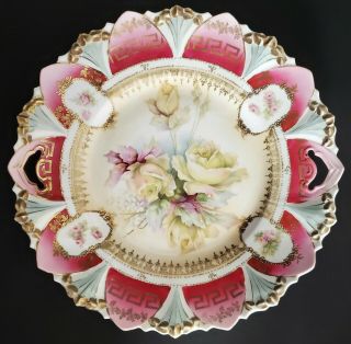 Rs Prussia Mold 98 Cake Plate Greek Key Magenta Roses Unmarked