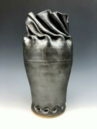 Clark House Pottery " Ohrigami " Folded George Ohr Style Vase Gunmetal Gray 2015