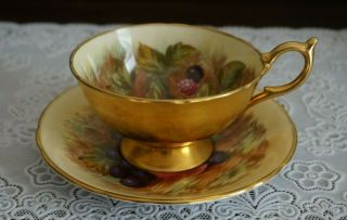 Vintage Aynsley Orchard Fruits Gold Footed Cup & Saucer Signed D Jones,  England